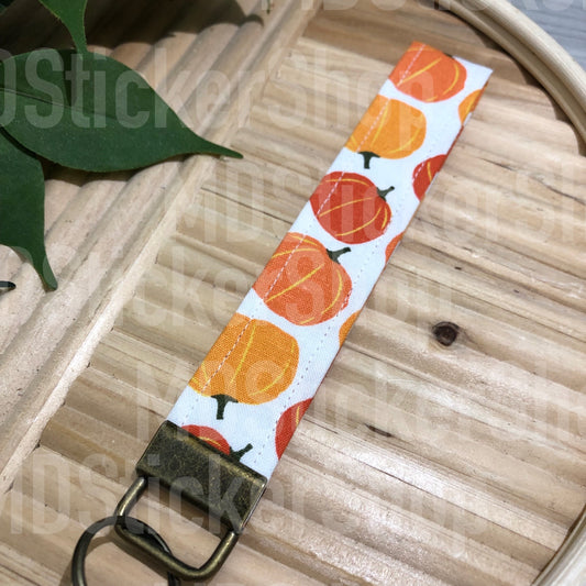 Orange Pumpkin Print Fabric Keychain, Key Fob