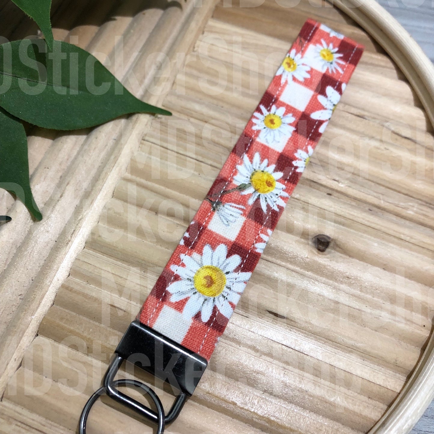 Red Check Daisy Print Fabric Keychain, Key Fob