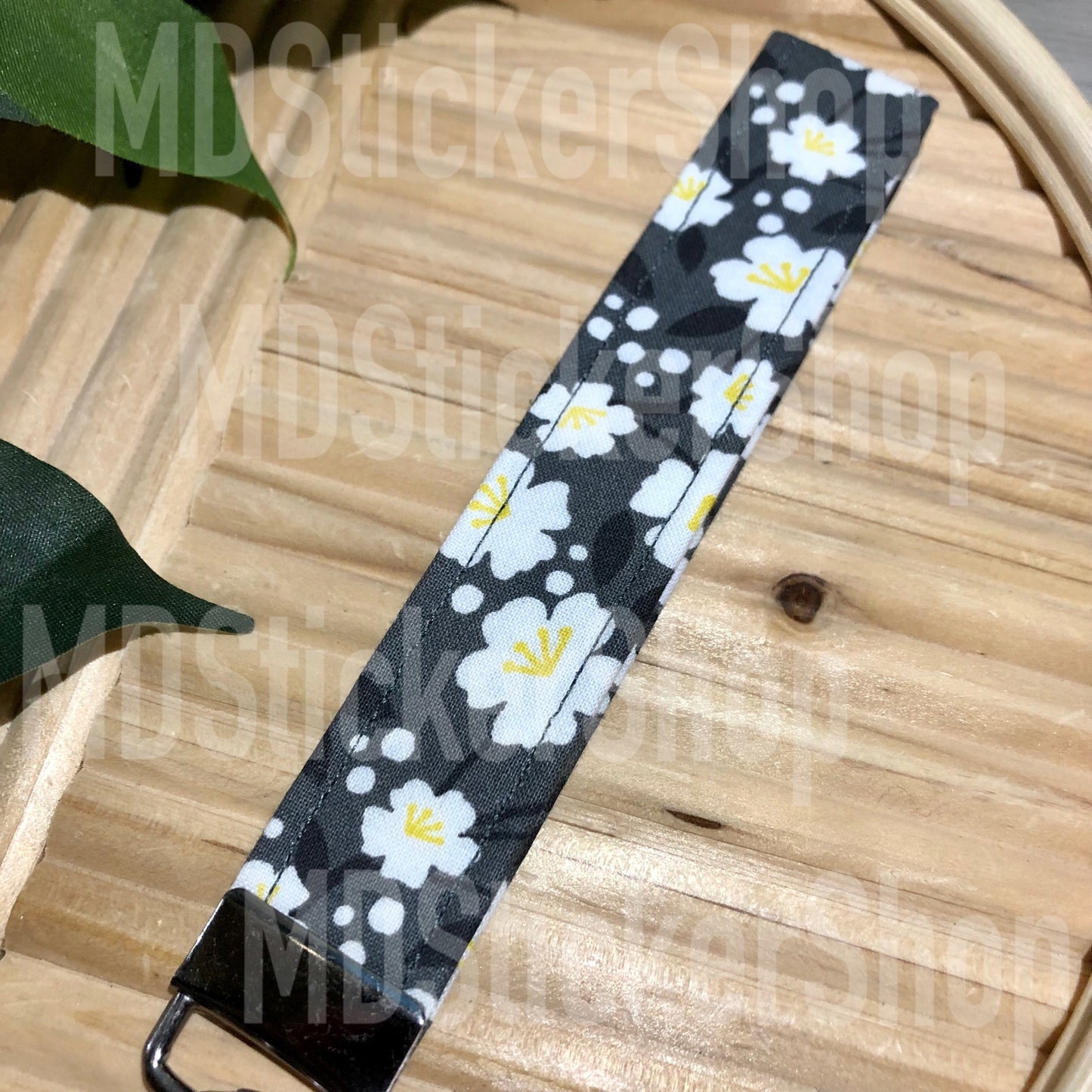 Charcoal Floral Print Fabric Keychain, Key Fob