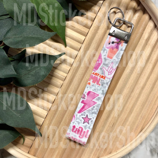 TS Pink Print Fabric Keychain, Key Fob