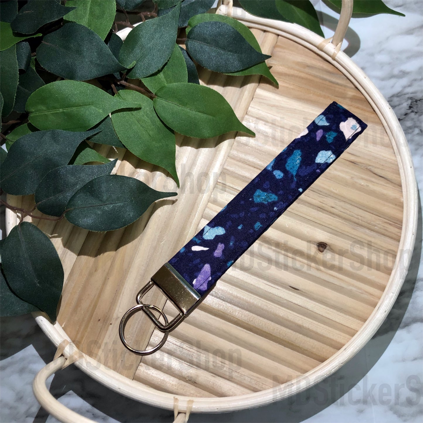Navy Terrazzo Print Fabric Keychain, Key Fob