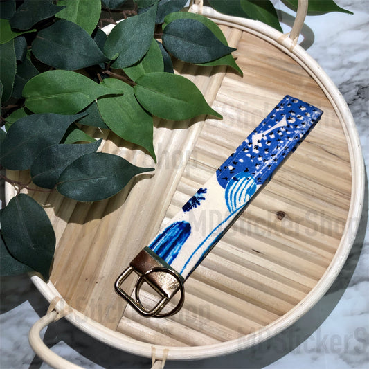 Blue Cactus Print Fabric Keychain, Key Fob