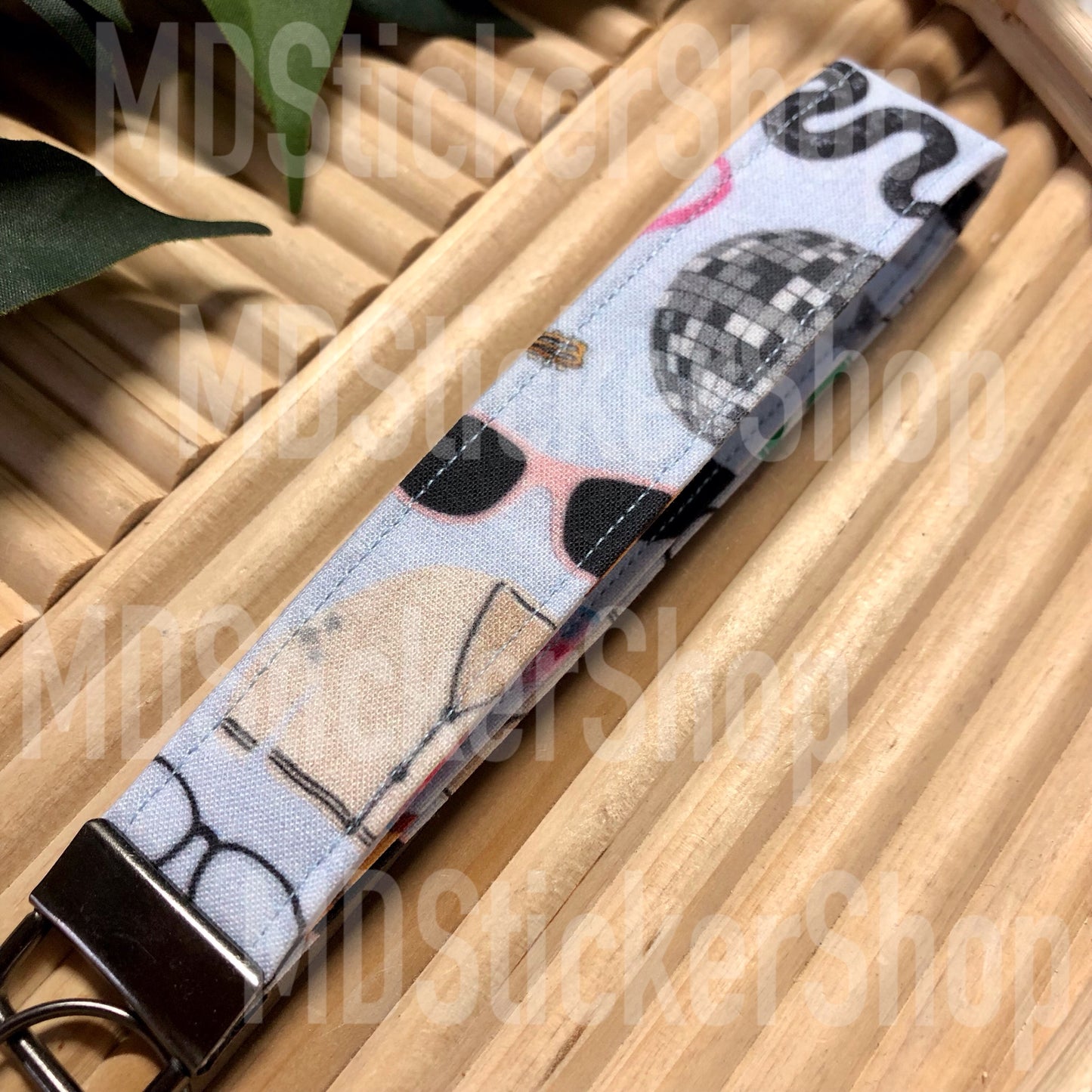 TS Icons on Blue Print Fabric Keychain, Key Fob