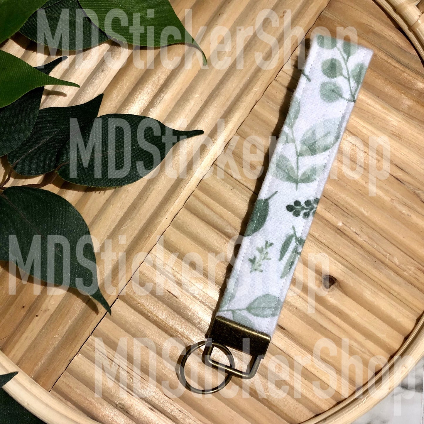Eucalyptus Flannel Print Fabric Keychain, Key Fob
