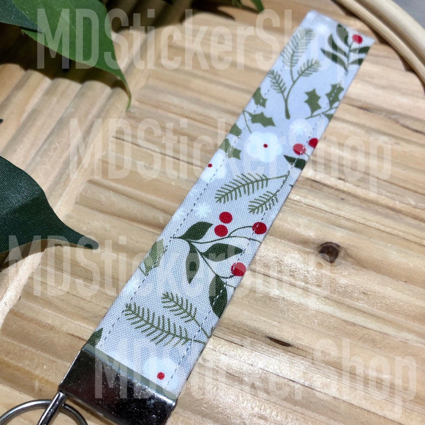 Grey Christmas Floral Print Fabric Keychain, Key Fob