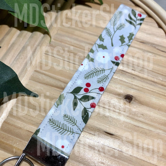 Grey Christmas Floral Print Fabric Keychain, Key Fob