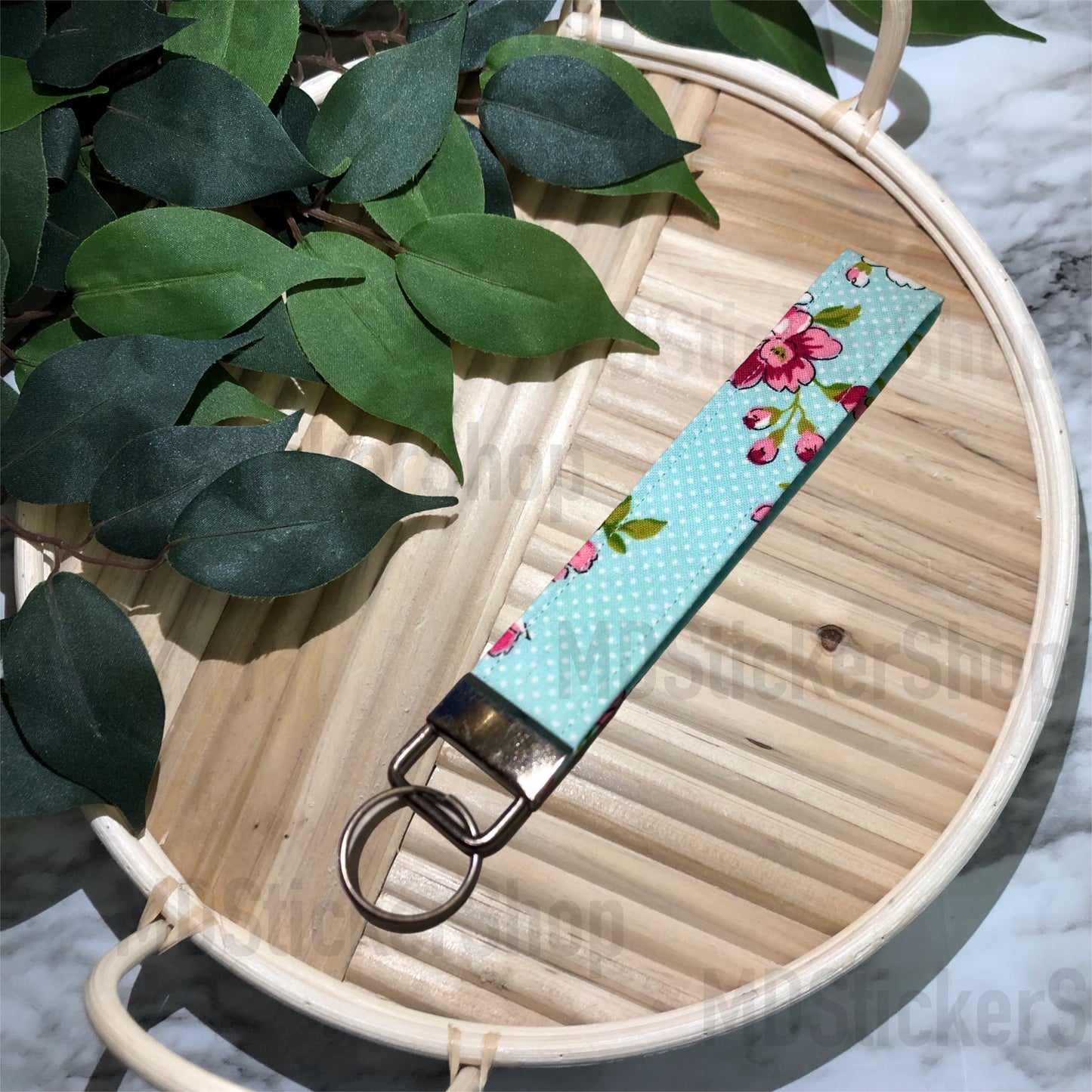 Pink Floral on Aqua Dot Print Fabric Keychain, Key Fob