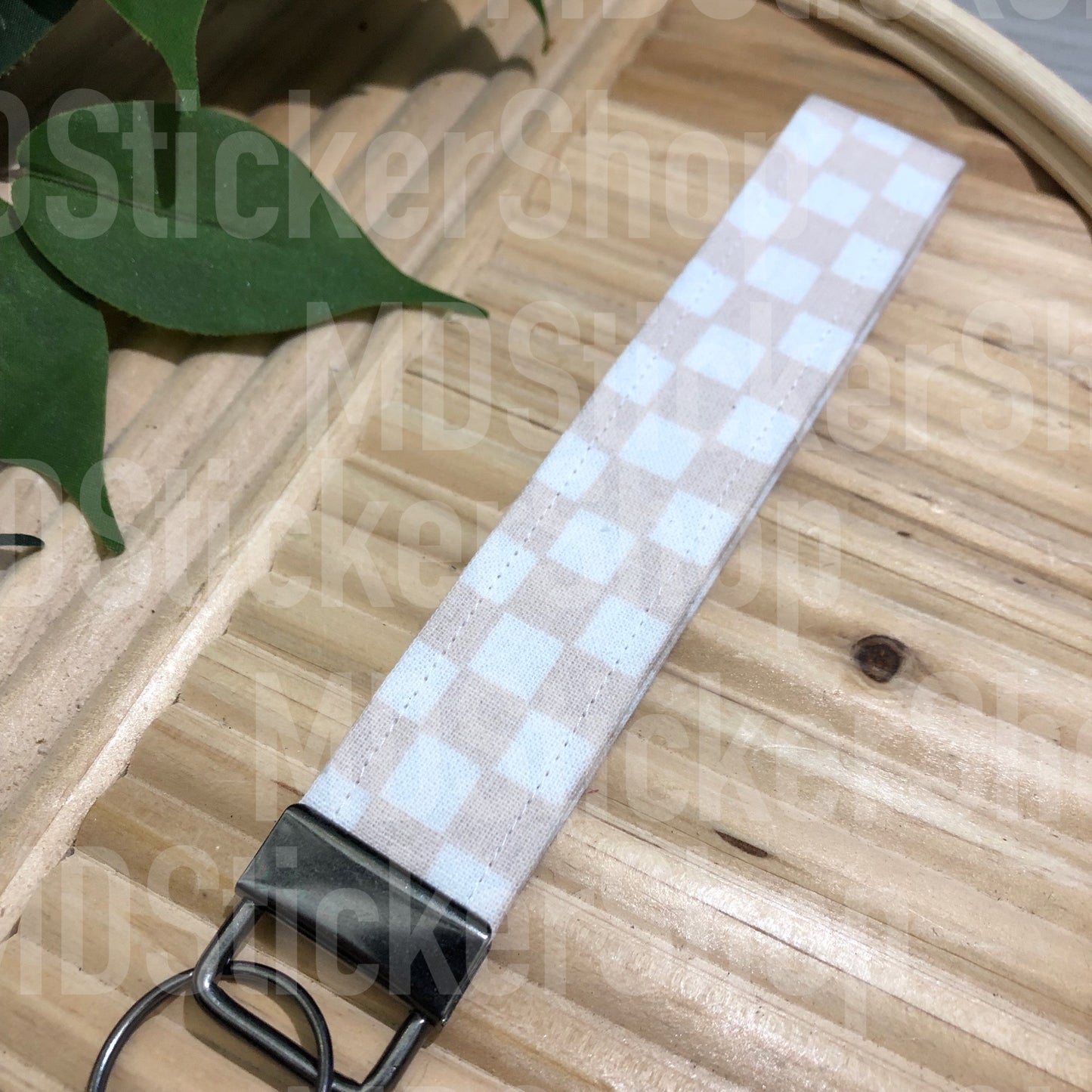 Beige Check Print Fabric Keychain, Key Fob