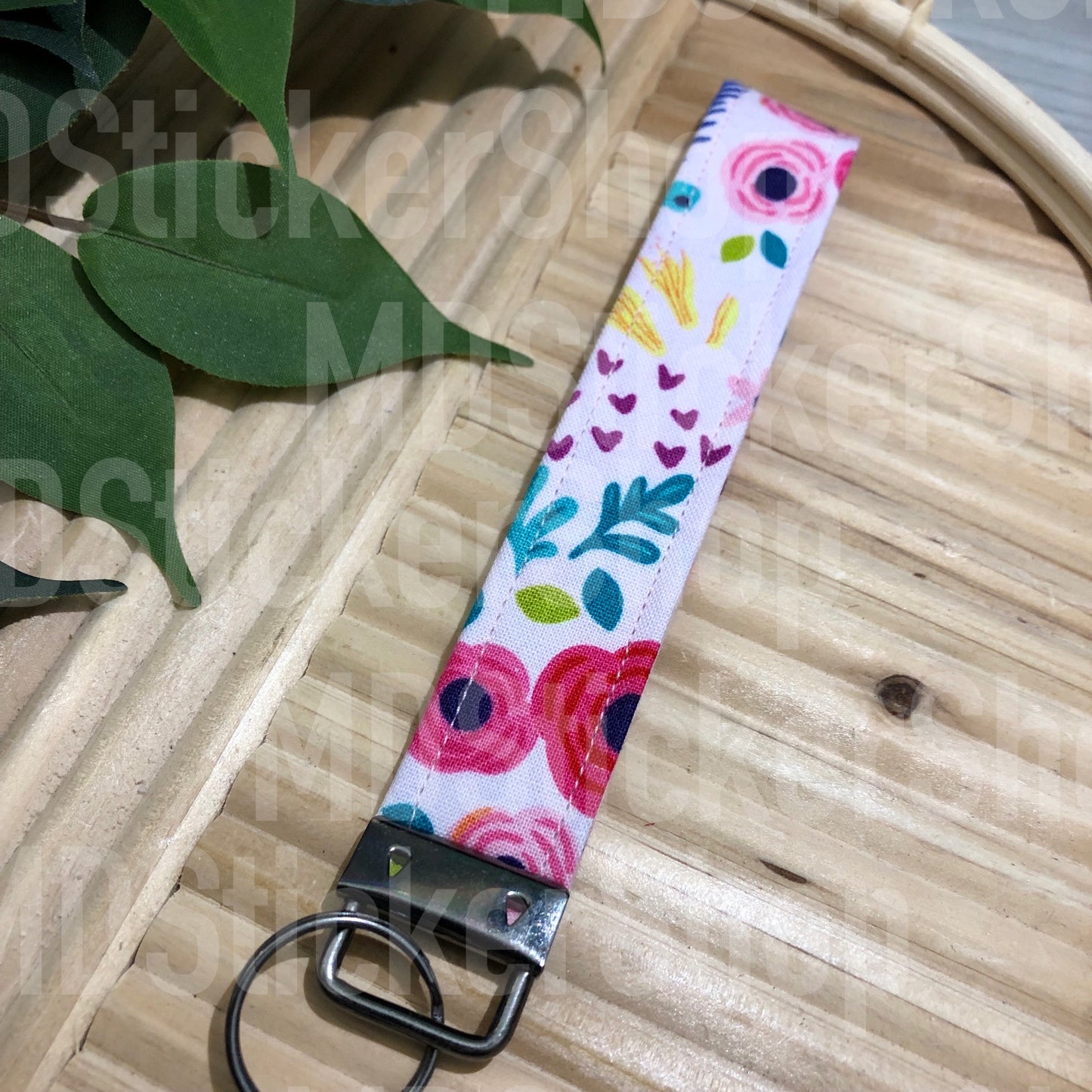 Pink Basic Floral Print Fabric Keychain, Key Fob
