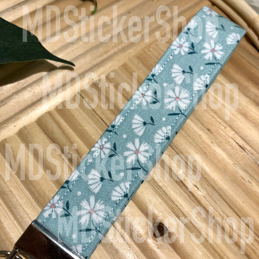 Muted Blue Floral Print Fabric Keychain, Key Fob