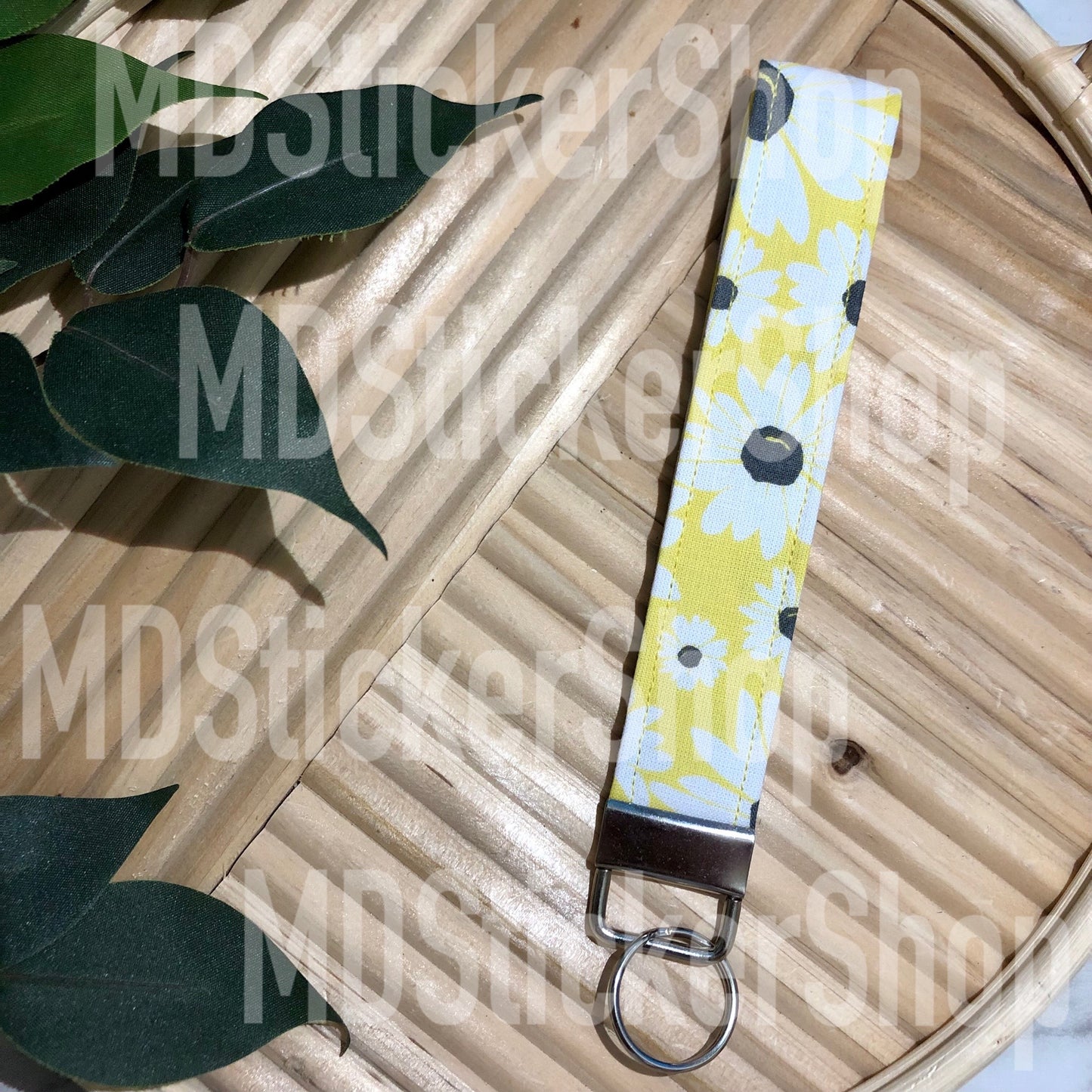 Yellow Daisy Print Fabric Keychain, Key Fob