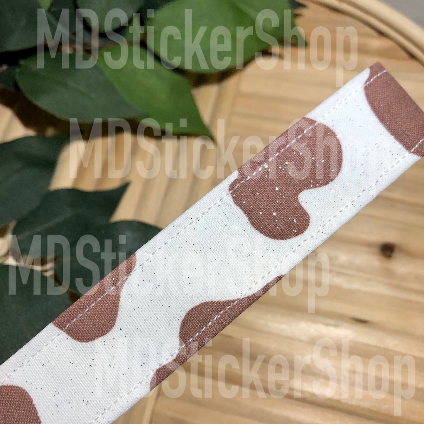 Brown and White Glitter Cow Print Fabric Keychain, Key Fob
