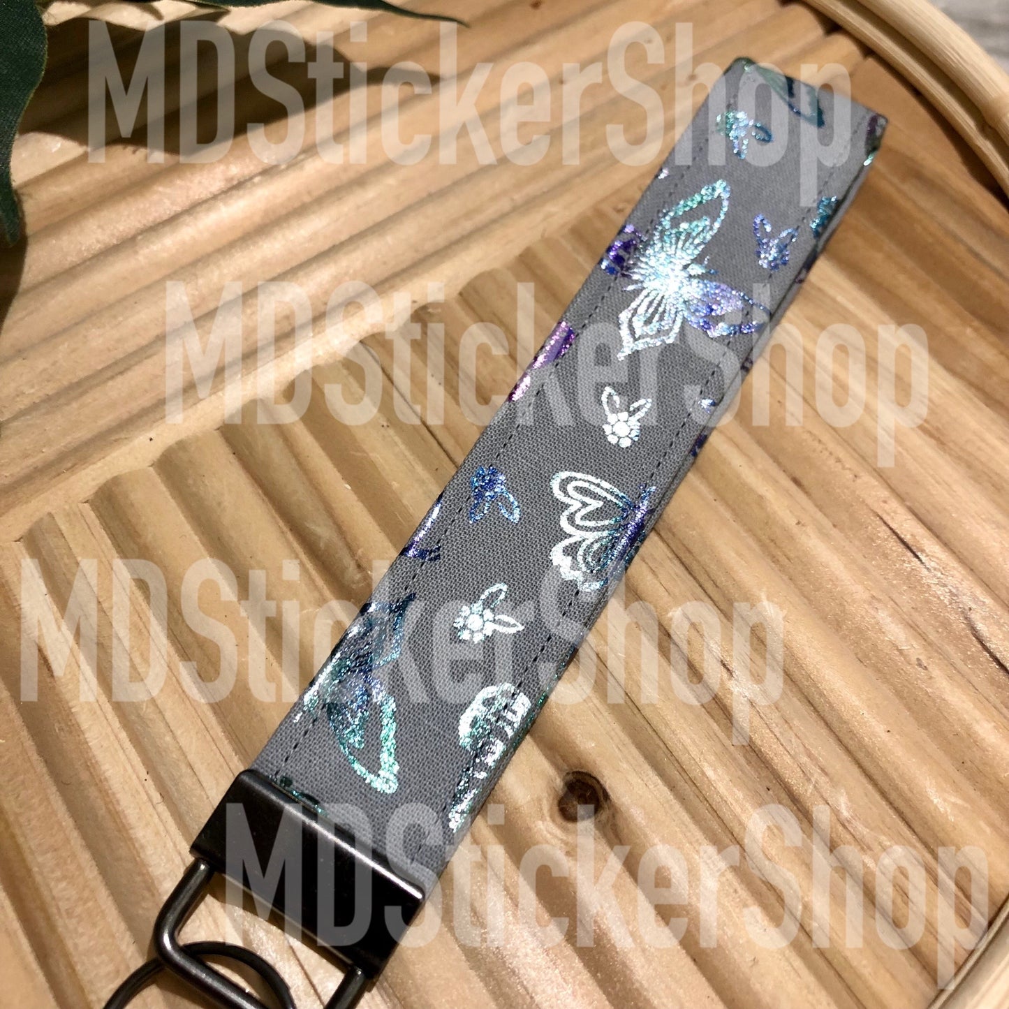 Grey Metallic Butterfly Print Fabric Keychain, Key Fob