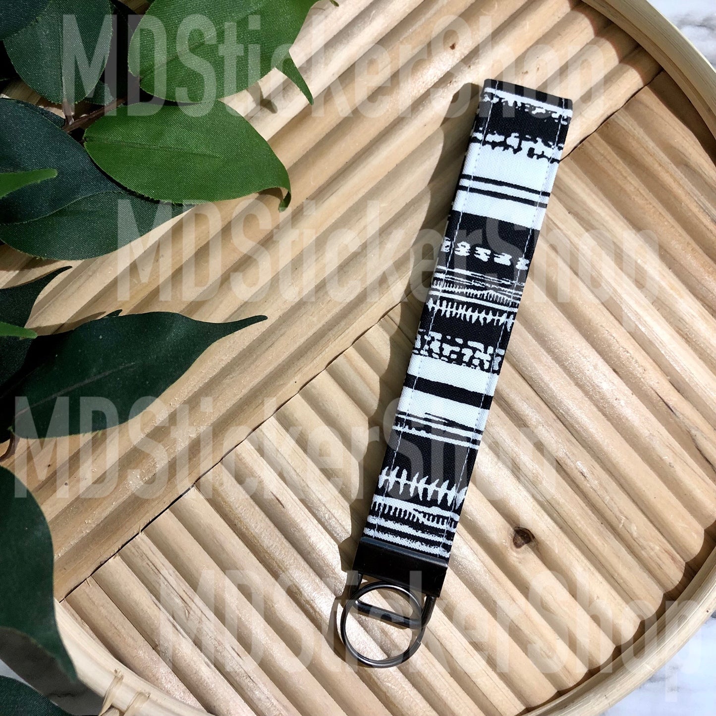 Black and White Stripe Print Fabric Keychain, Key Fob