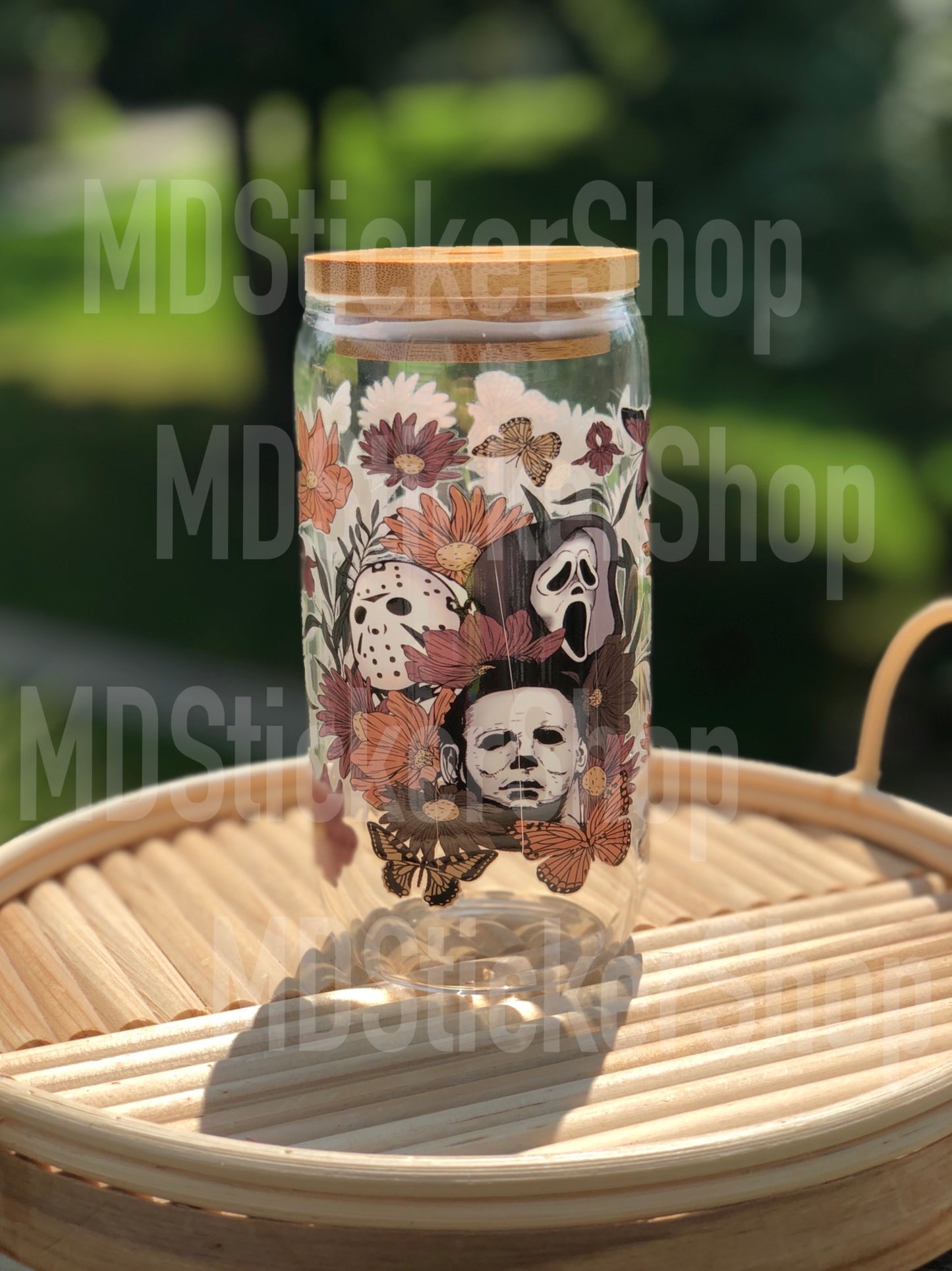 Horror Characters Floral Halloween Beer Can Glass Cup