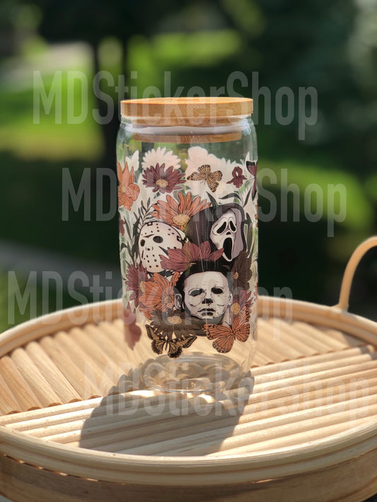 Horror Characters Floral Halloween Beer Can Glass Cup