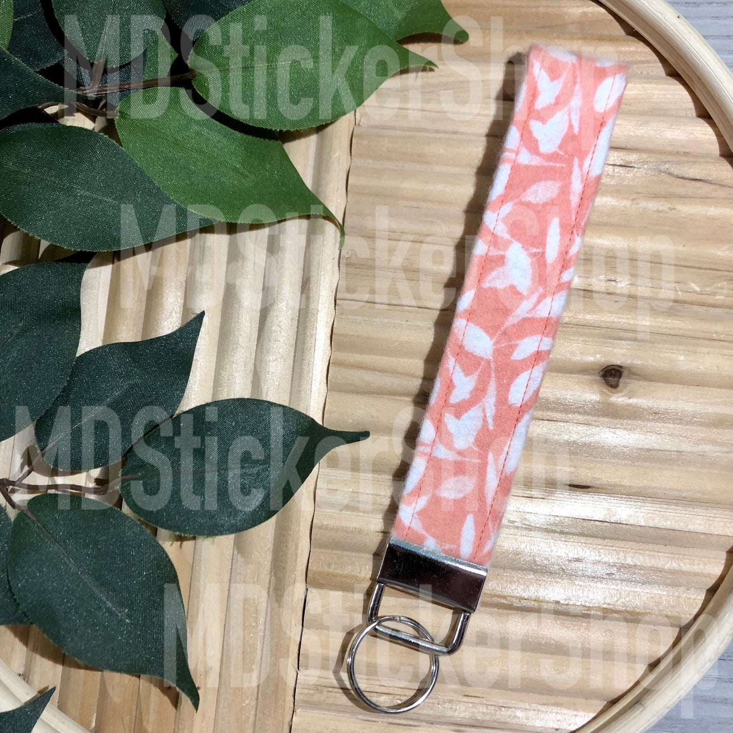 Pink and White Vine Print Fabric Keychain, Key Fob