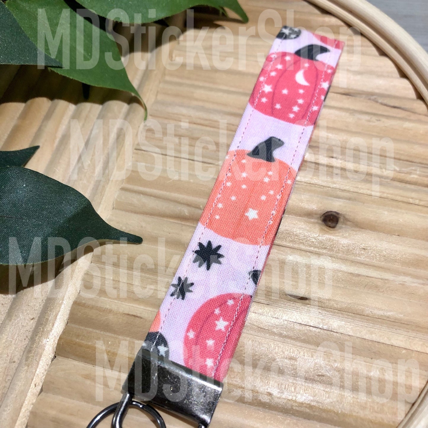 Pink Pumpkin Print Fabric Keychain, Key Fob