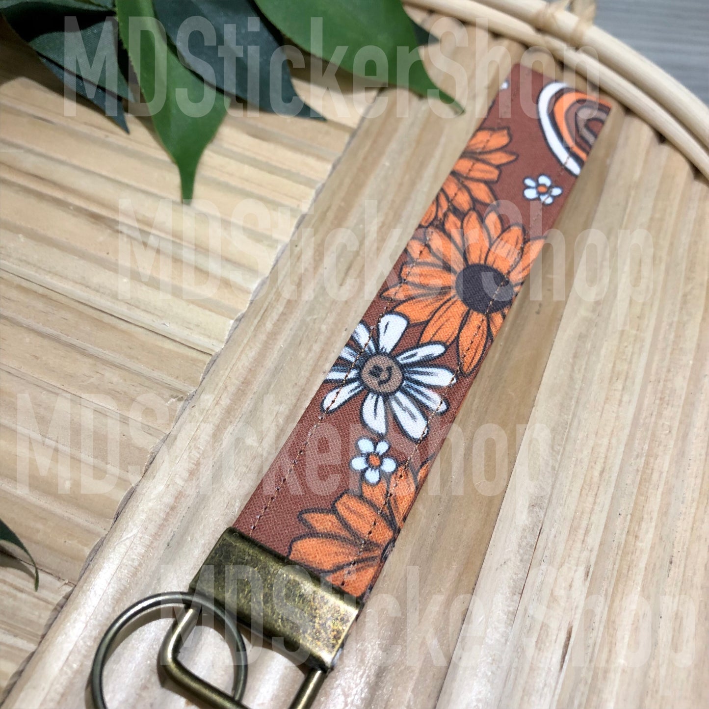 Fall Rainbow Floral Print Fabric Keychain, Key Fob