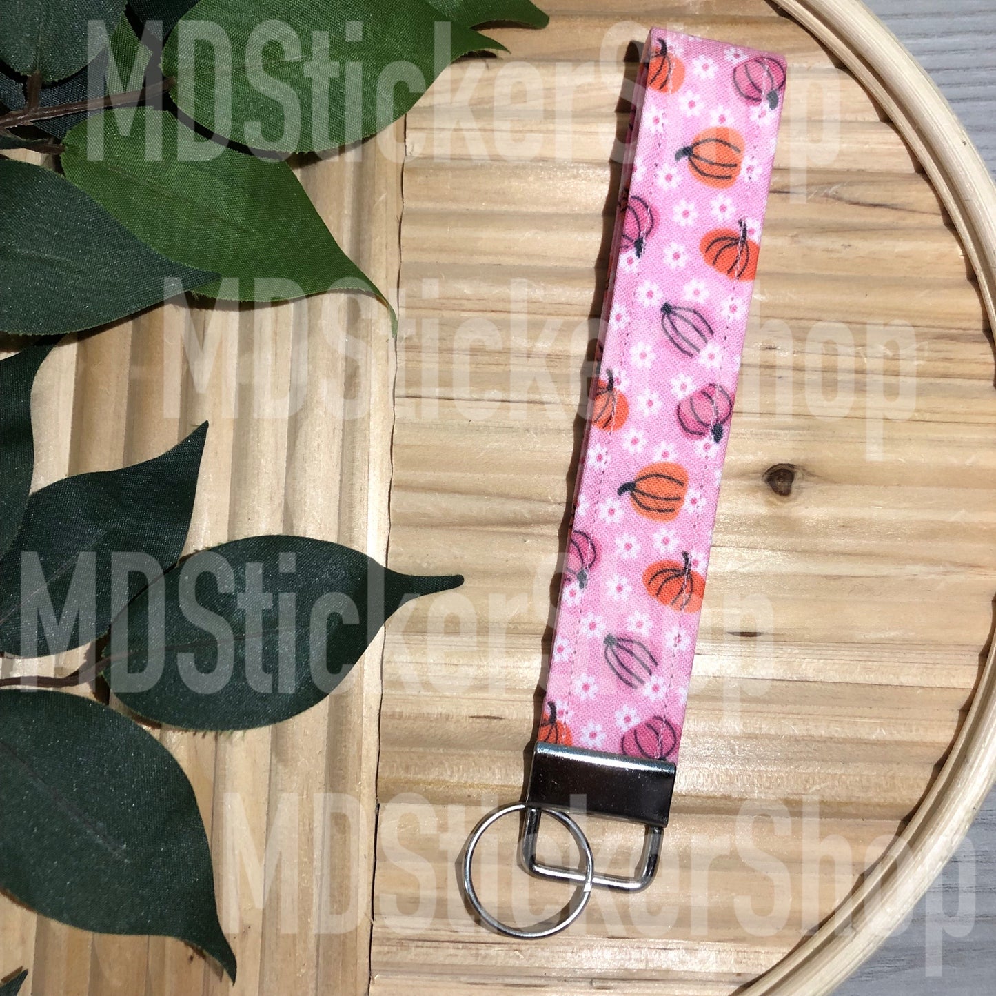 Pink Daisy Pumpkin Print Fabric Keychain, Key Fob