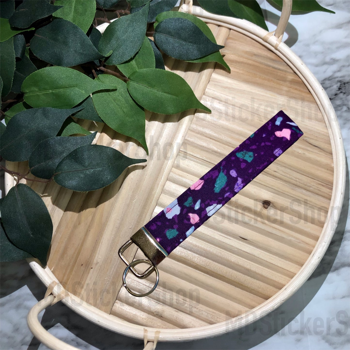 Purple Terrazzo Print Fabric Keychain, Key Fob