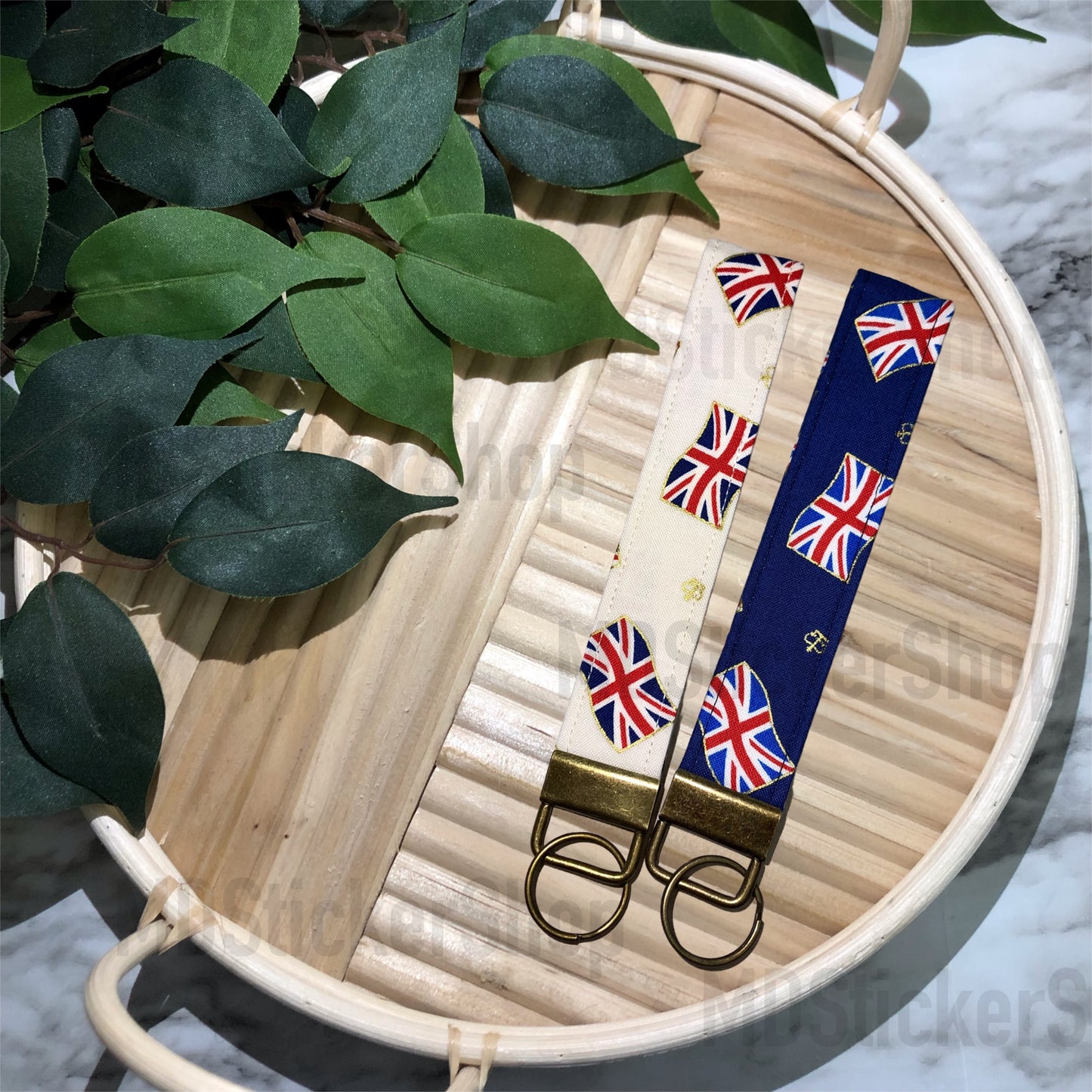 Union Jack Flag on Cream Print Fabric Keychain, Key Fob