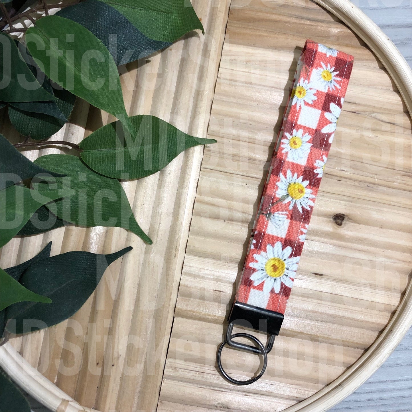 Red Check Daisy Print Fabric Keychain, Key Fob