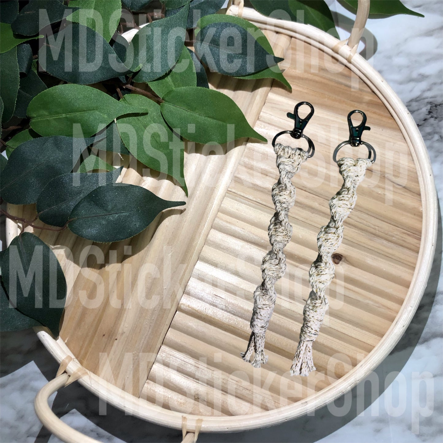 Cream with Gold Metallic Twisted Macrame Keychain