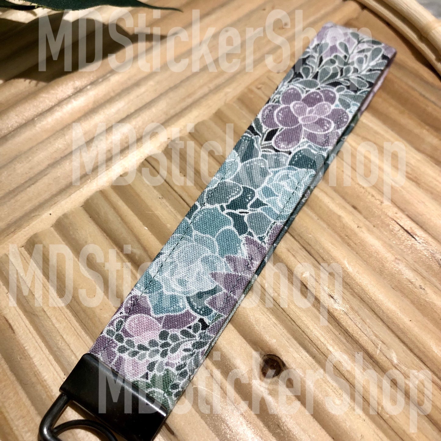 Green Succulent Print Fabric Keychain, Key Fob
