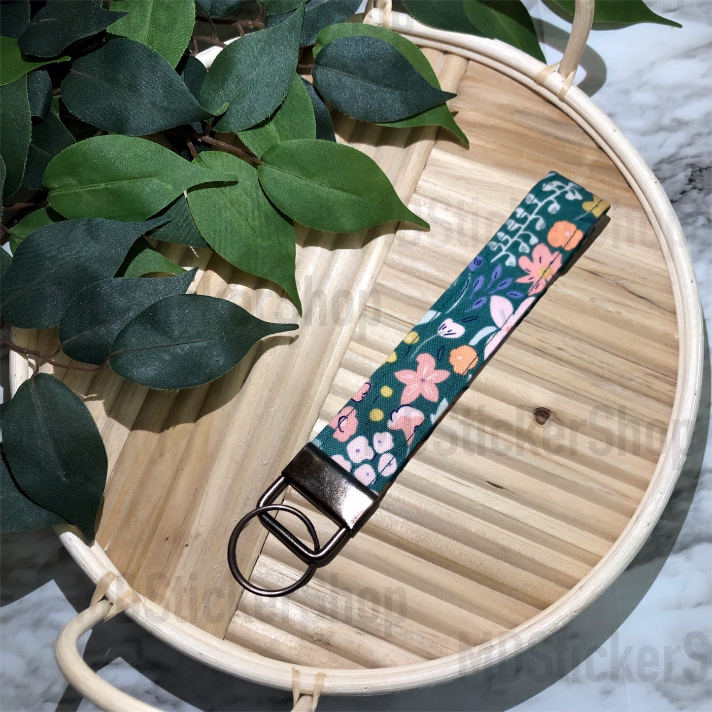 Deep Teal Floral Print Fabric Keychain, Key Fob