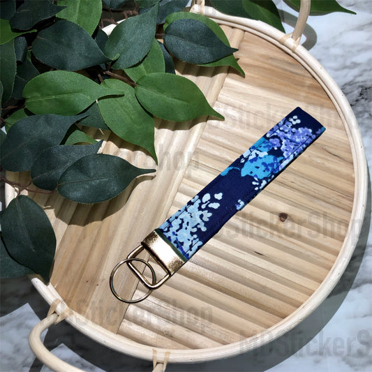 Navy Hydrangea Print Fabric Keychain, Key Fob
