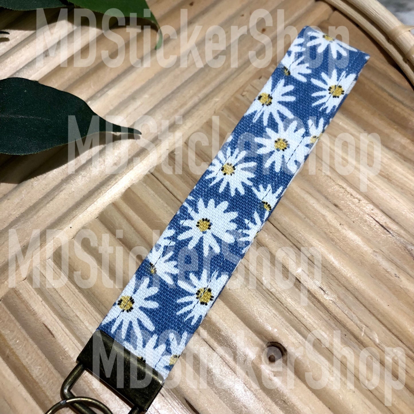 Blue Daisy Print Fabric Keychain, Key Fob