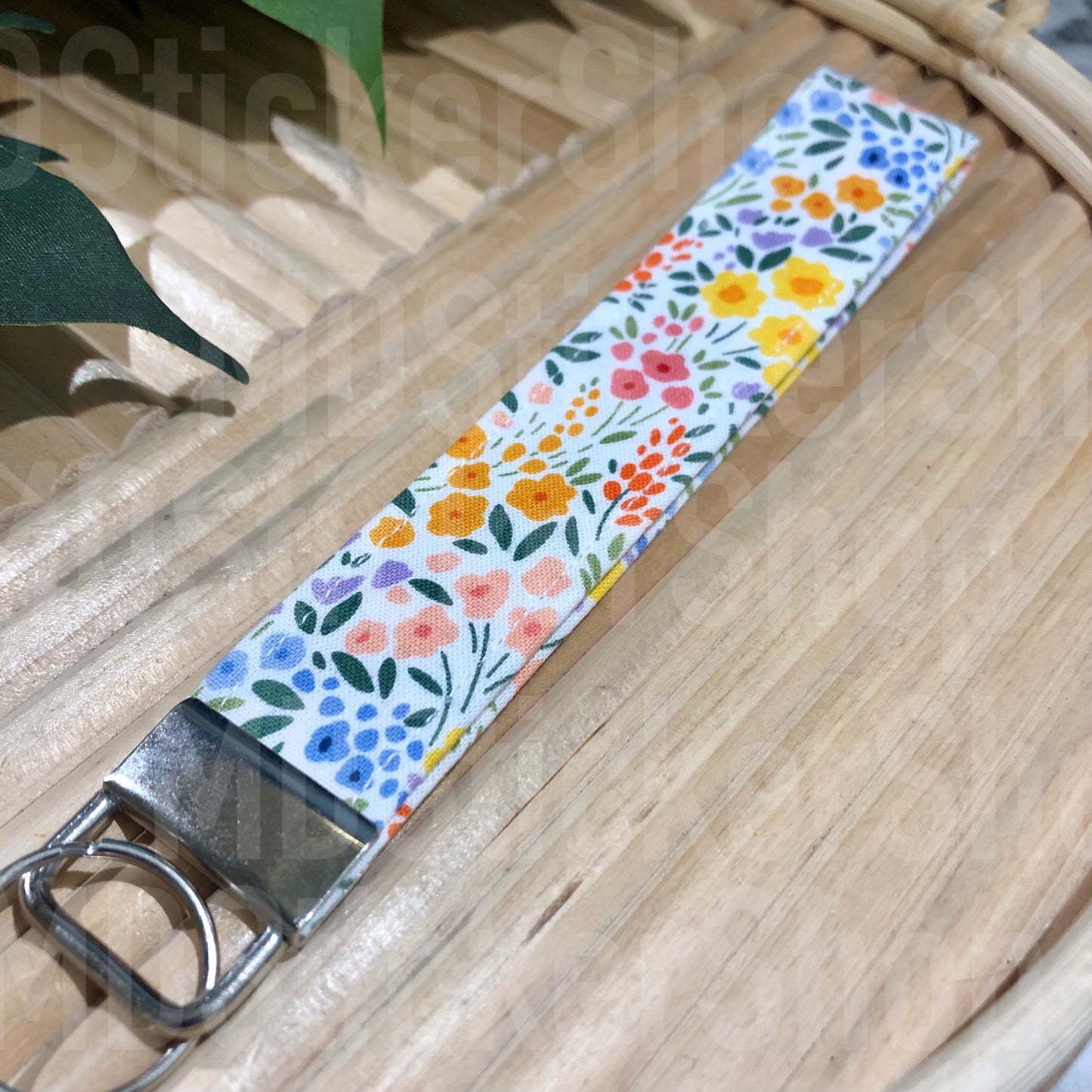 White Spring Floral Print Fabric Keychain