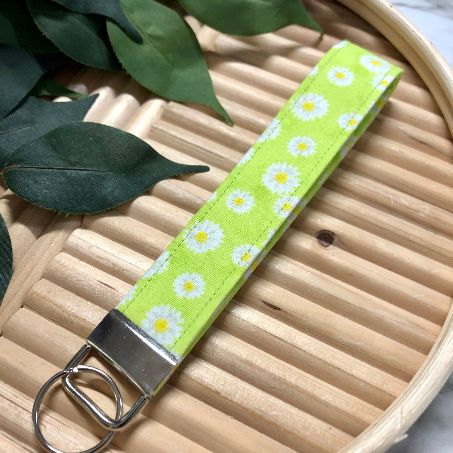 Lime Floral Print Fabric Keychain, Key Fob