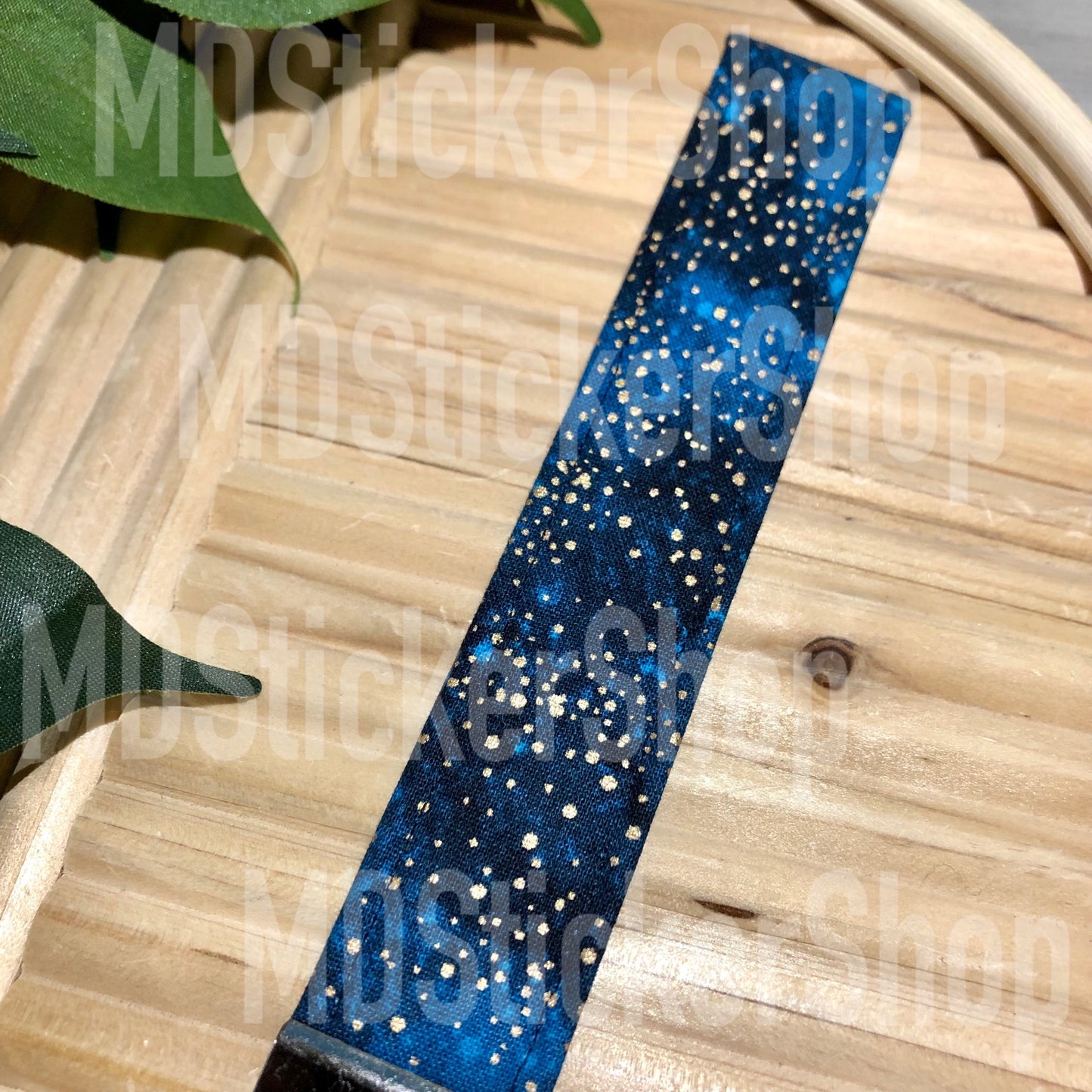 Metallic Gold Specs on Blue Print Fabric Keychain, Key Fob
