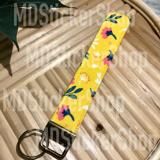 Golden Floral Print Fabric Keychain, Key Fob