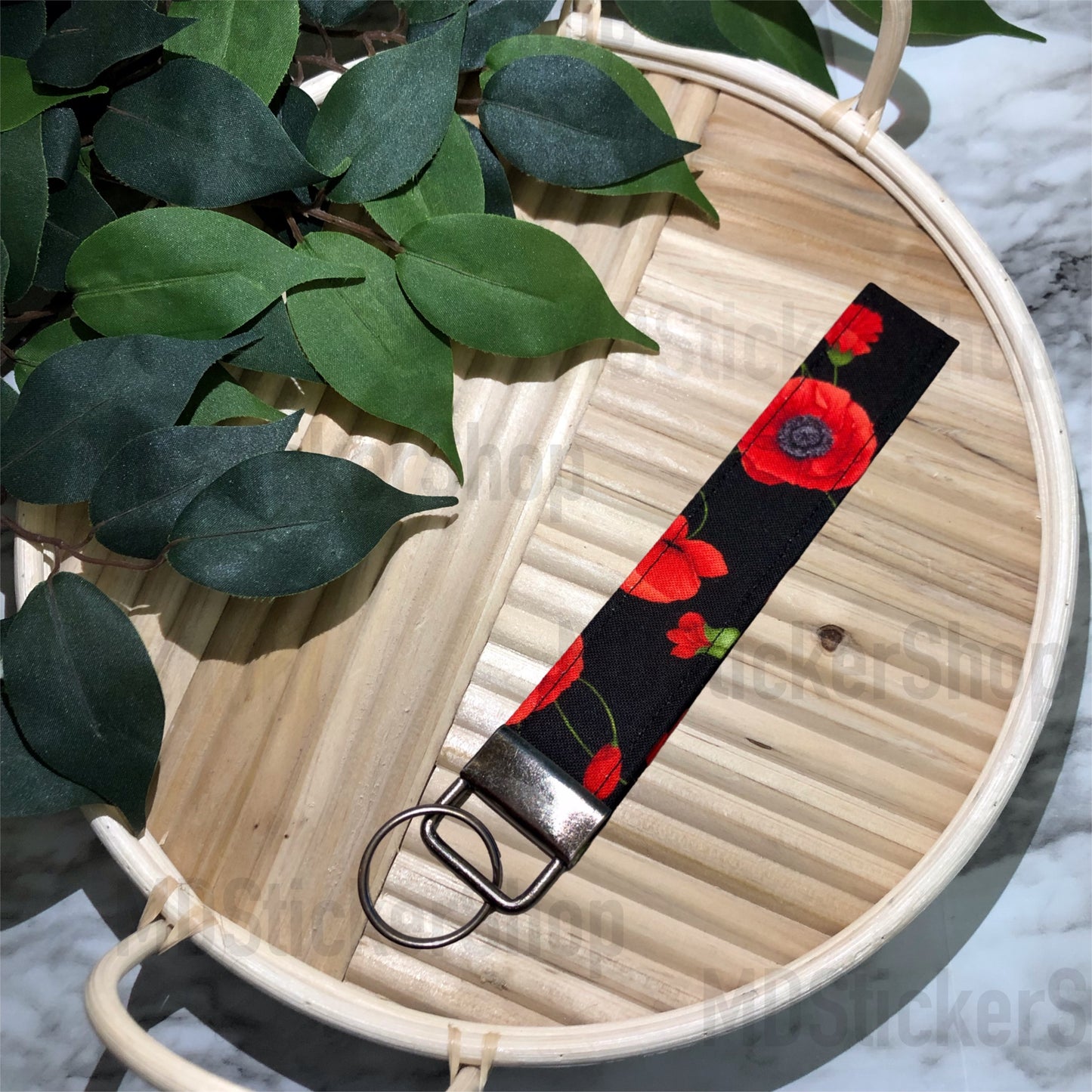 Poppy Print Fabric Keychain, Key Fob