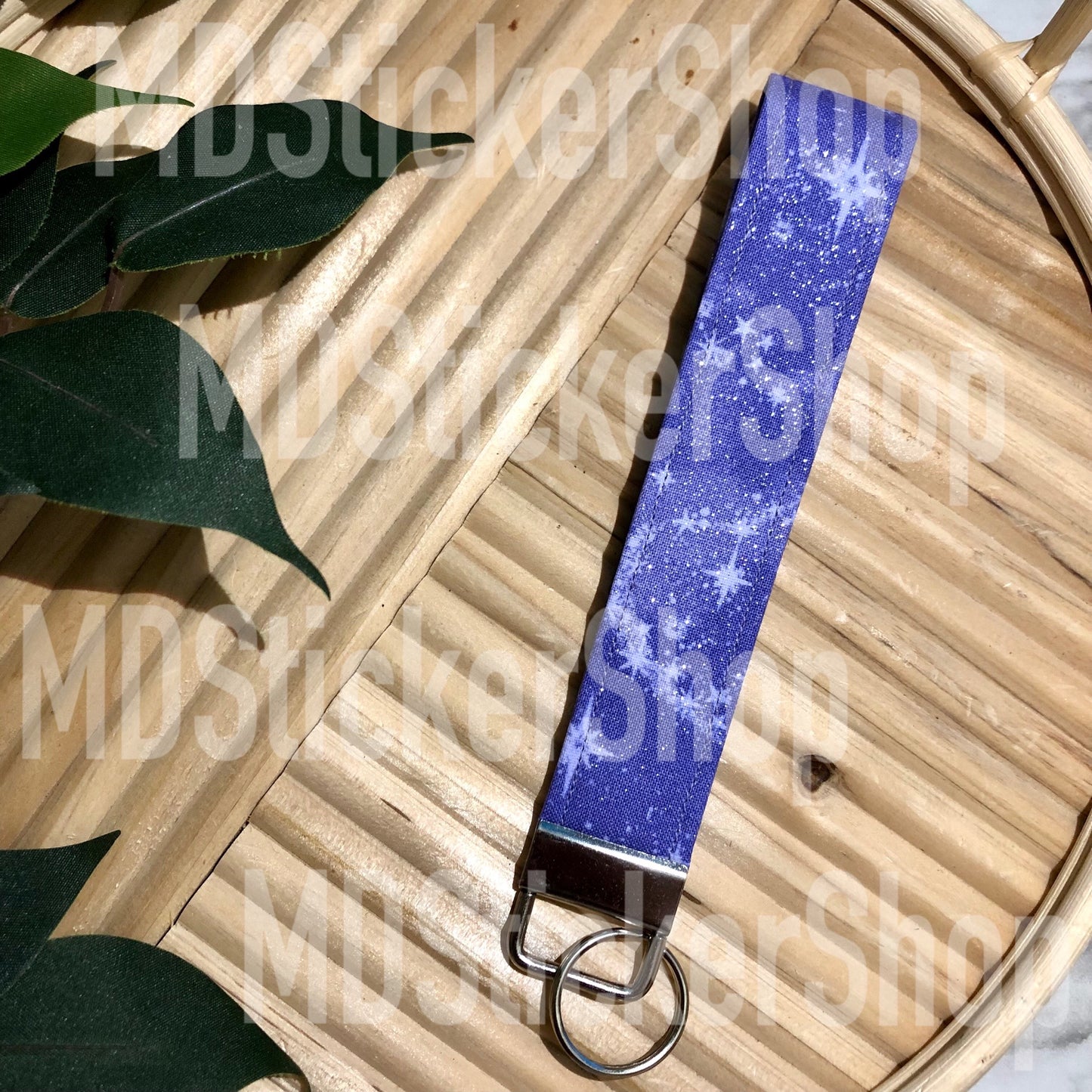 Purple Glitter Star Print Fabric Keychain, Key Fob