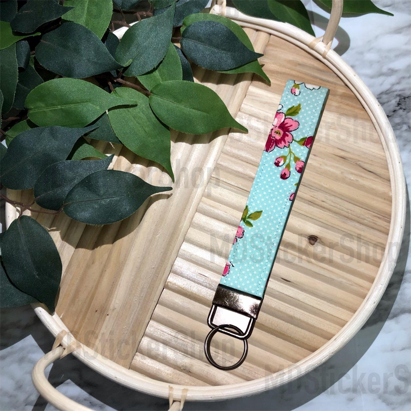 Pink Floral on Aqua Dot Print Fabric Keychain, Key Fob