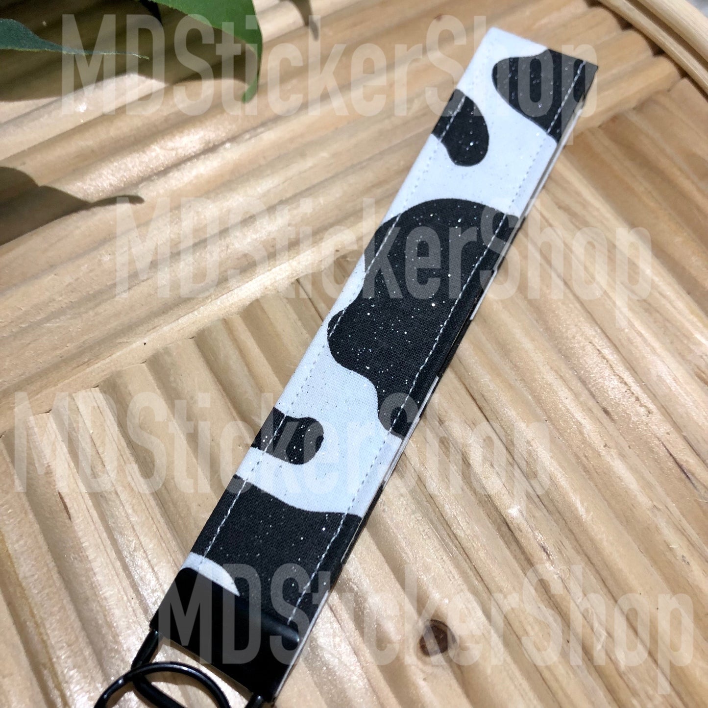 Black and White Glitter Cow Print Fabric Keychain, Key Fob
