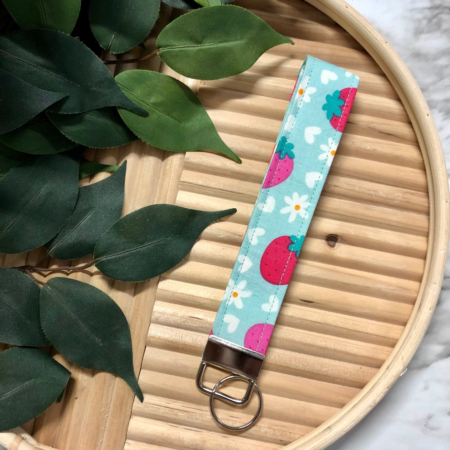 Floral Strawberry Print Fabric Keychain, Key Fob