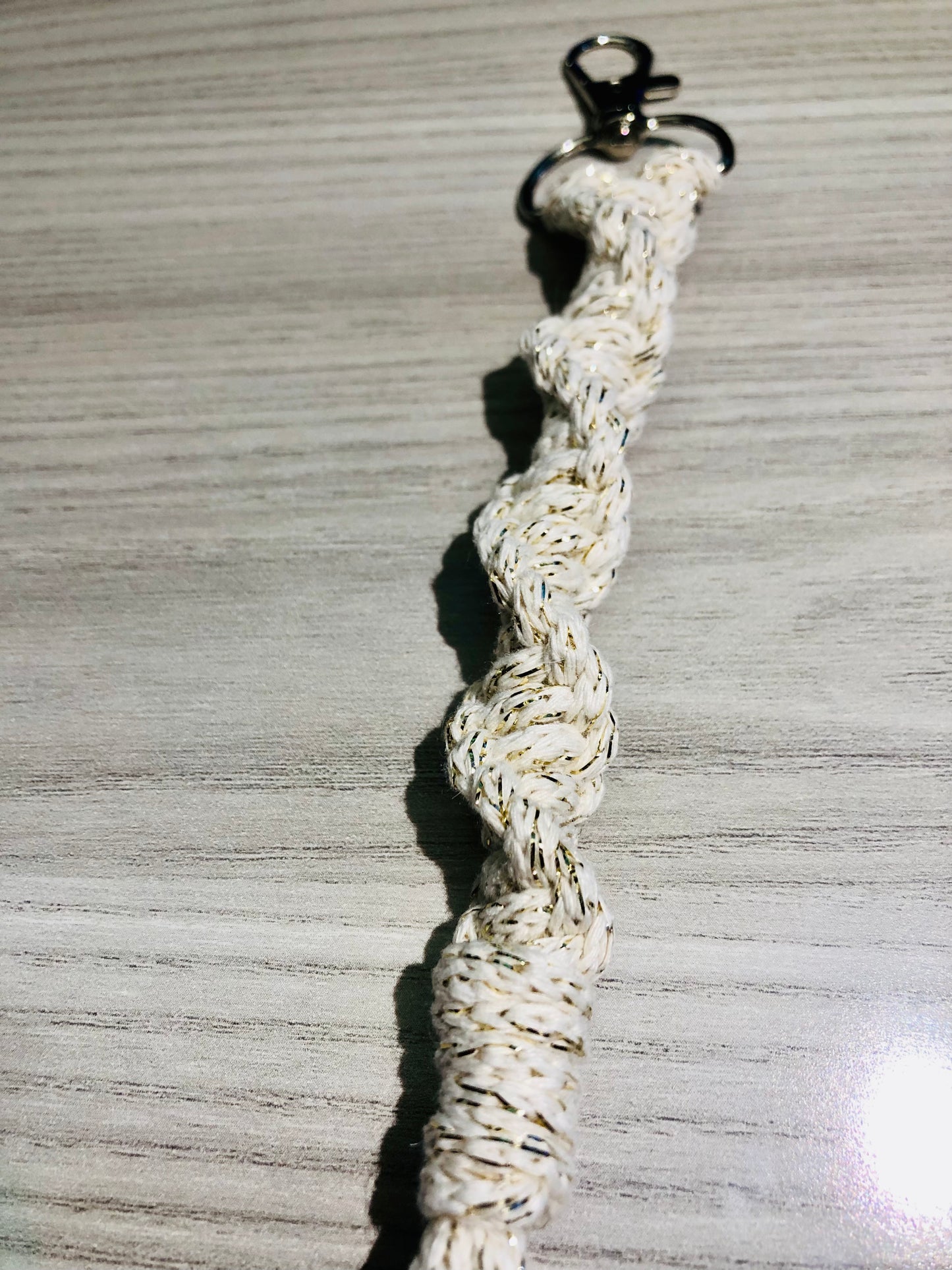 Cream with Gold Metallic Twisted Macrame Keychain