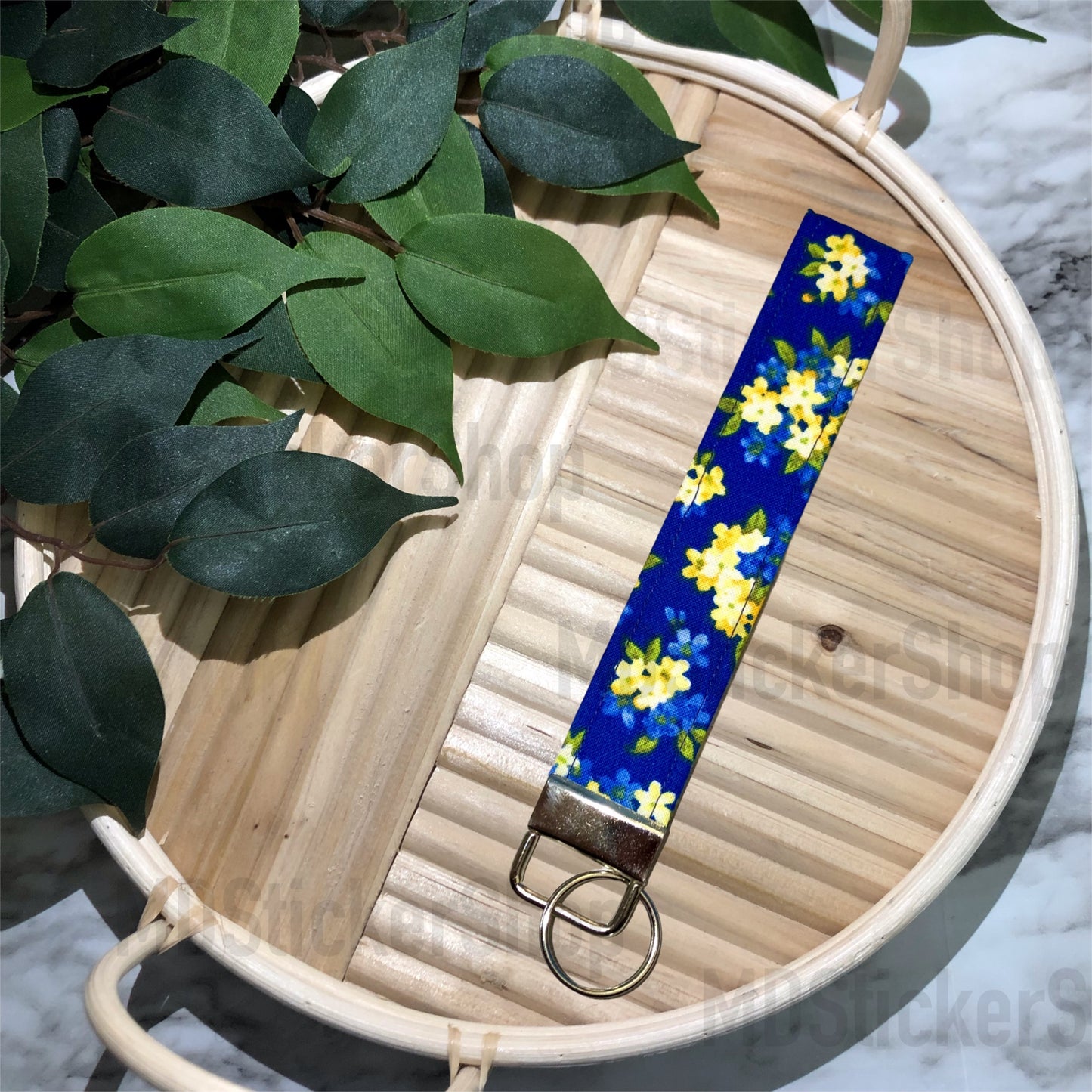 Blue and Yellow Floral Print Fabric Keychain, Key Fob