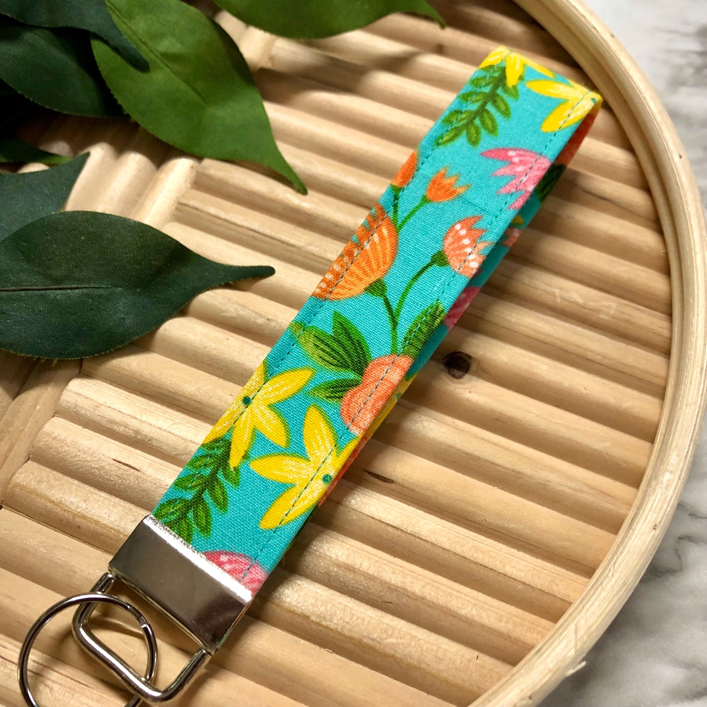 Tropical Floral Print Fabric Keychain, Key Fob