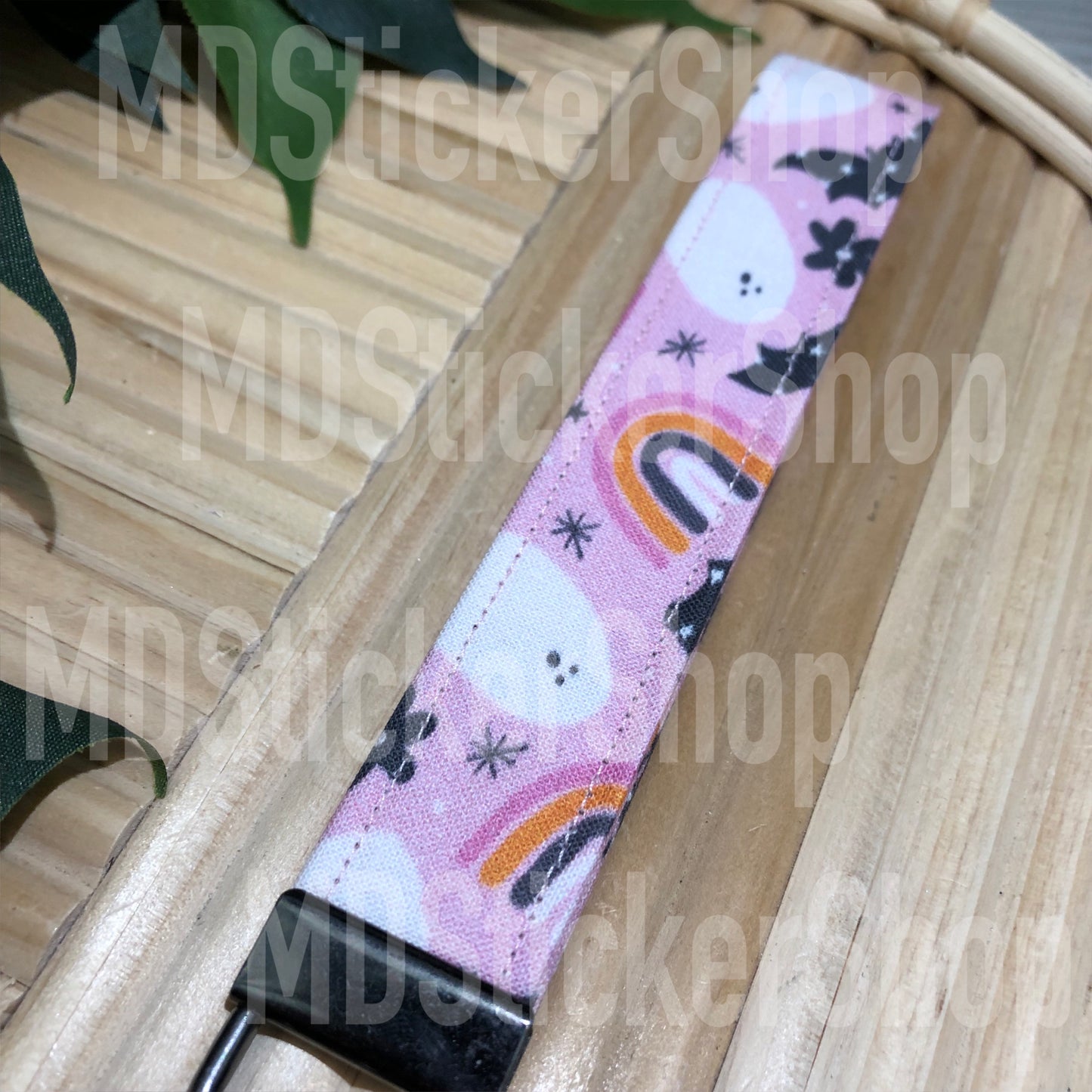 Pink Halloween Print Fabric Keychain, Key Fob