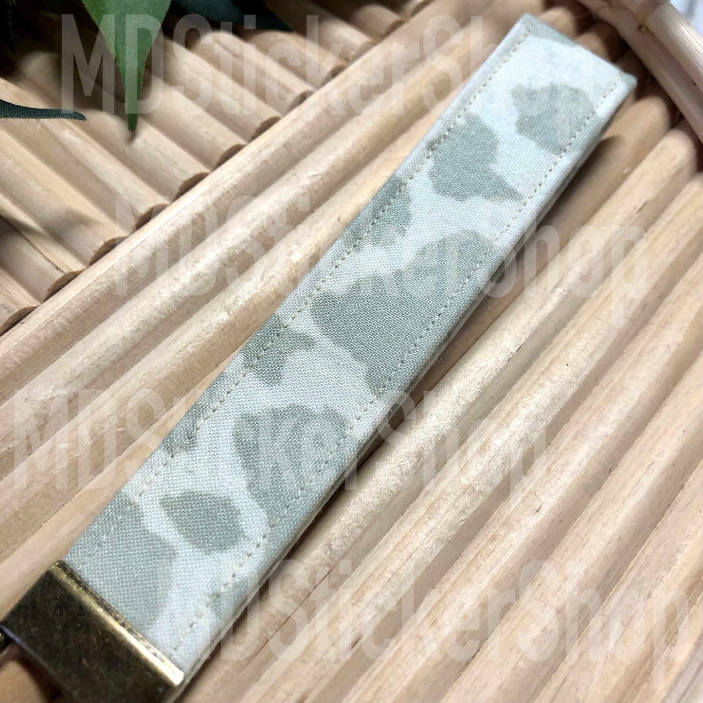Cream and Olive Cow Print Fabric Keychain, Key Fob
