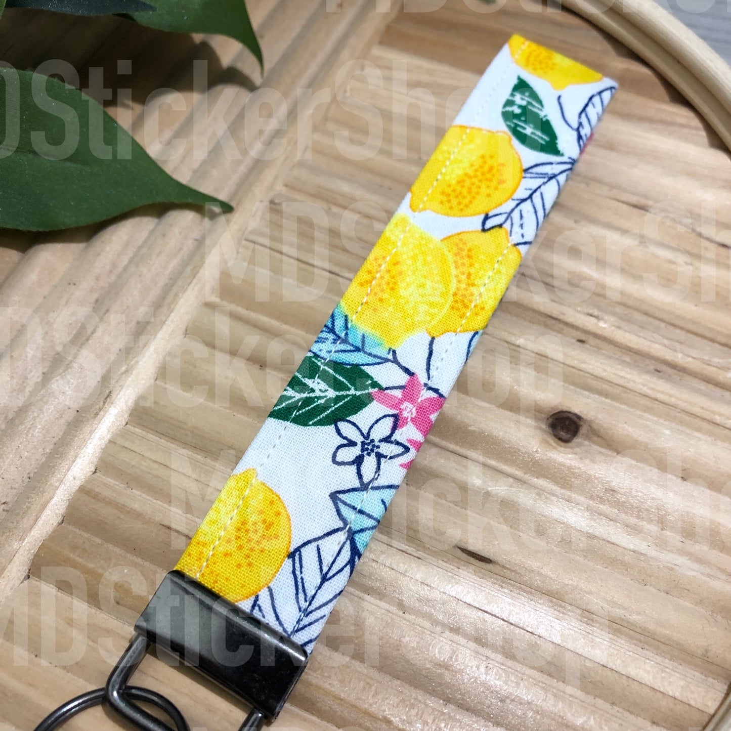 Bright Lemon Print Fabric Keychain, Key Fob
