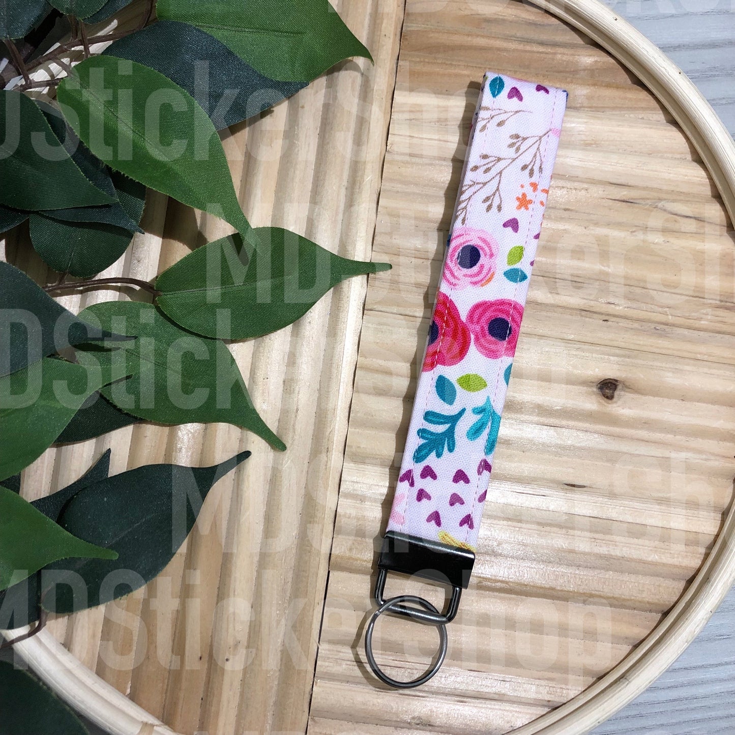Pink Basic Floral Print Fabric Keychain, Key Fob