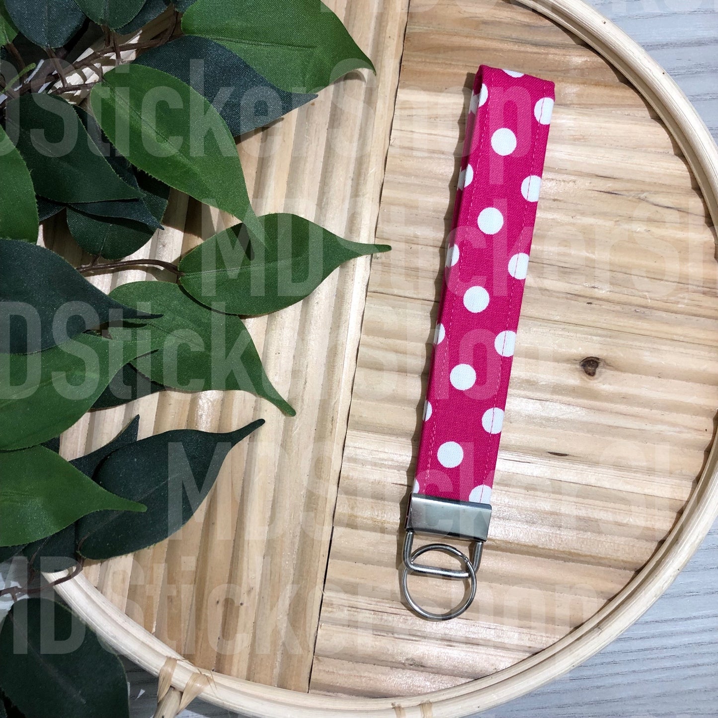 Hot Pink Polka Dot Print Fabric Keychain, Key Fob