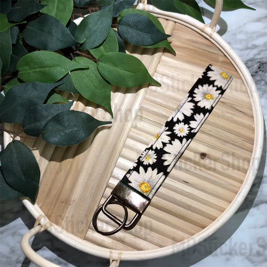 Black Daisy Print Fabric Keychain, Key Fob